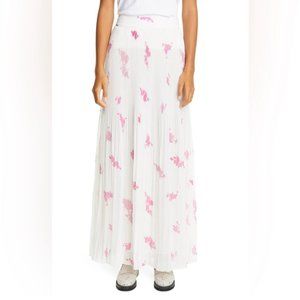 GANNI Rose Print Pleated Georgette Maxi Skirt Size 34 White Pink Floral
